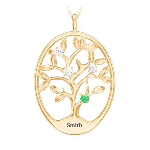 4-15 Stones Oval Family Tree Pendant – 10K Yellow Gold with Diamond, Cubic Zirconia, and Emerald