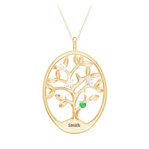 4-15 Stones Oval Family Tree Pendant – 10K Yellow Gold with Diamond, Cubic Zirconia, and Emerald