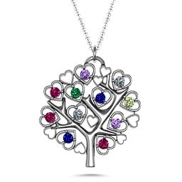 Heart Family Tree Pendant in 925 Sterling Silver with Amethyst, Cubic Zirconia, Ruby, Emerald, Blue Sapphire, and Peridot
