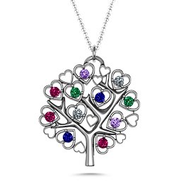 Heart Family Tree Pendant in 925 Sterling Silver with Amethyst, Cubic Zirconia, Ruby, Emerald, and Blue Sapphire