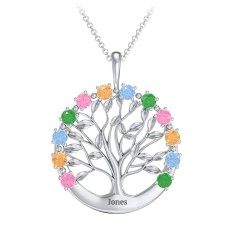 Circle of Life Family Tree Pendant – Sterling Silver with Pink Tourmaline, Citrine, Blue Topaz, and Emerald