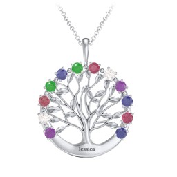 Circle of Life Family Tree Pendant in 925 Sterling Silver with Amethyst, Cubic Zirconia, Ruby, Emerald, and Blue Sapphire