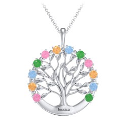 Circle of Life Family Tree Pendant in 925 Sterling Silver with Pink Tourmaline, Citrine, Blue Topaz, and Emerald