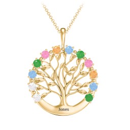 Circle of Life Family Tree Pendant in 10K Solid Yellow Gold with Diamond, Blue Topaz, Emerald, Pink Tourmaline, and Citrine