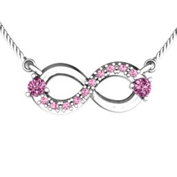 Double Stone Horizontal Infinity Pendant with Accents in 925 Sterling Silver with Pink Sapphire, Fancy Pink Premium Zirconia, Emerald, Citrine, Peridot, Blue Sapphire, Smokey Quartz, Cubic Zirconia, Garnet, and Ruby