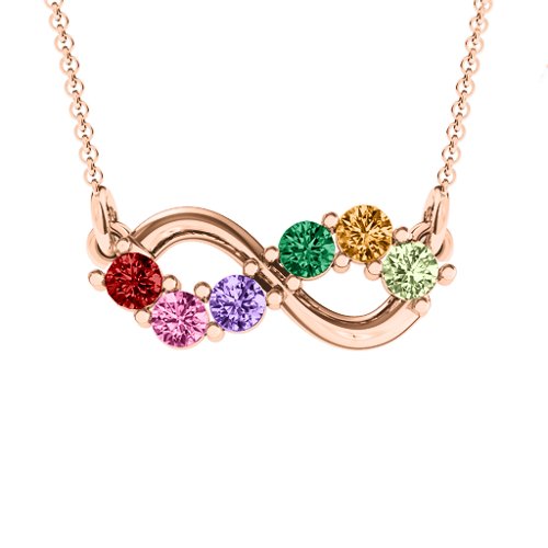 Horizontal Infinity Pendant with 6 Stones – 10K Rose Gold with Garnet, Pink Tourmaline, Amethyst, Emerald, Citrine, and Peridot