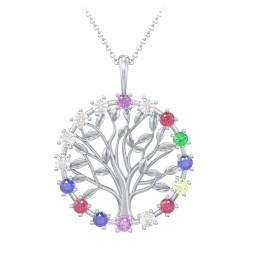 Halo Family Tree Pendant in 925 Sterling Silver with Amethyst, Cubic Zirconia, Ruby, Emerald, Blue Sapphire, and Peridot
