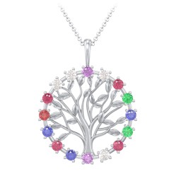 Halo Family Tree Pendant in 925 Sterling Silver with Amethyst, Cubic Zirconia, Ruby, Emerald, Blue Sapphire, and Garnet