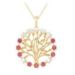 Halo Family Tree Pendant in 10K Solid Yellow Gold with Diamond, Opal, Ruby, and Garnet
