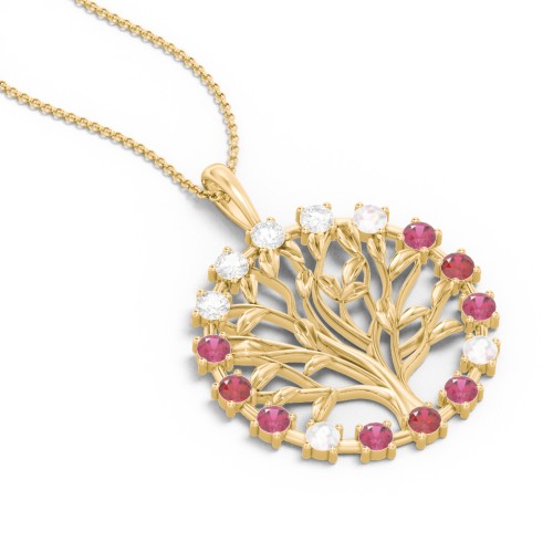 Halo Family Tree Pendant – 10K Yellow Gold with Diamond, Opal, Ruby, Garnet, and Cubic Zirconia