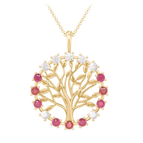 Halo Family Tree Pendant – 10K Yellow Gold with Diamond, Opal, Ruby, Garnet, and Cubic Zirconia
