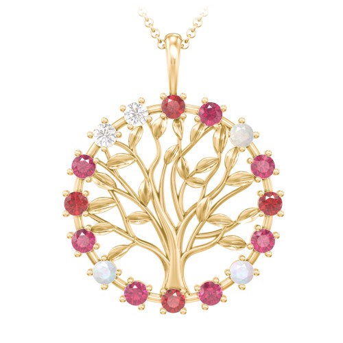 Halo Family Tree Pendant – 10K Yellow Gold with Garnet, Ruby, Opal, and Cubic Zirconia