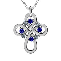 Contemporary Celtic Cross Pendant – Sterling Silver with Blue Sapphire and Cubic Zirconia