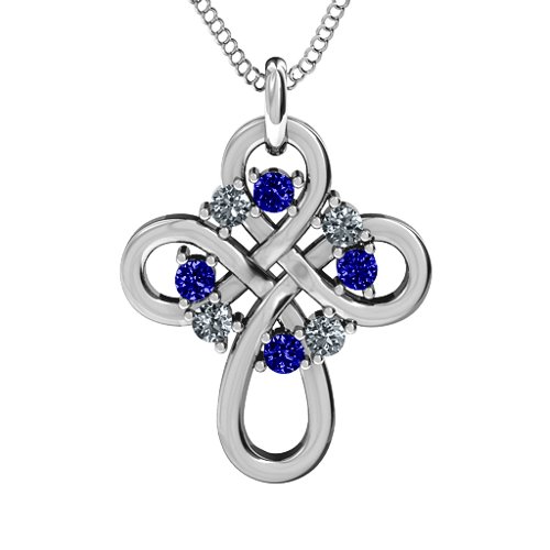 Contemporary Celtic Cross Pendant – Sterling Silver with Blue Sapphire and Cubic Zirconia