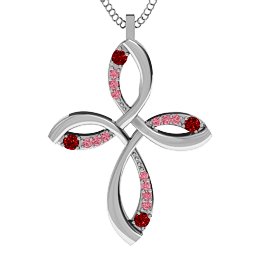 Stylish Curved Cross Pendant in 925 Sterling Silver with Garnet and Red Premium Zirconia