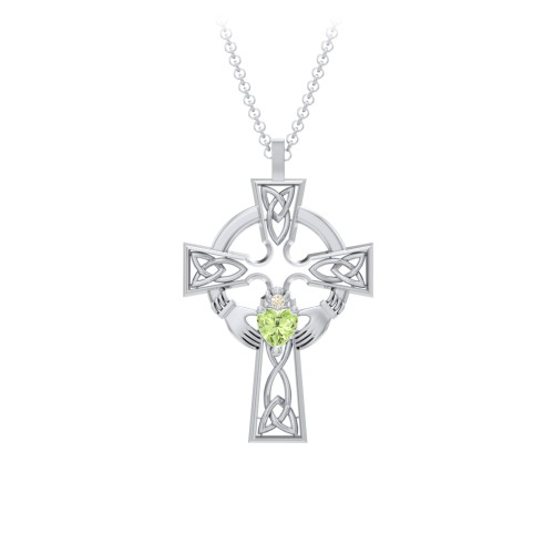 Claddagh Celtic Cross Pendant – Sterling Silver with Peridot and Fancy Yellow Premium Zirconia