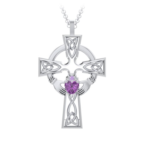 Claddagh Celtic Cross Pendant – Sterling Silver with Amethyst and Amethyst Premium Zirconia