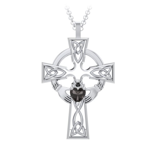 Claddagh Celtic Cross Pendant – Sterling Silver with Smokey Quartz and Black Premium Zirconia
