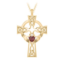 Claddagh Celtic Cross Pendant in 10K Solid Yellow Gold with Garnet and White Premium Zirconia