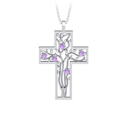 3 - 10 Stone Family Tree Cross Pendant in 925 Sterling Silver with Amethyst, Aquamarine, Emerald, S04CZIR, and Fancy Brown Premium Zirconia