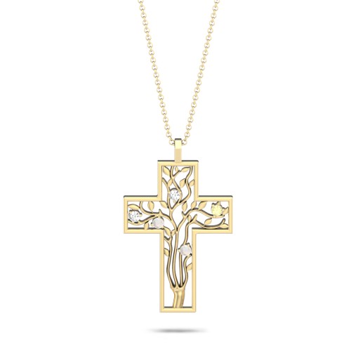 3 - 10 Stone Family Tree Cross Pendant – 10K Yellow Gold with Diamond, Opal, and Citrine