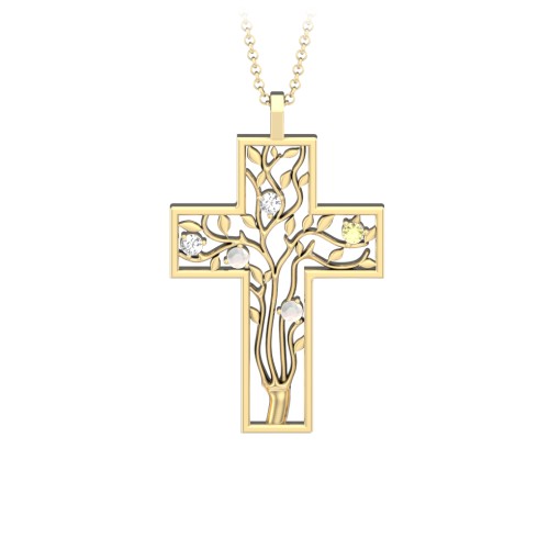 3 - 10 Stone Family Tree Cross Pendant – 10K Yellow Gold with Diamond, Opal, and Citrine