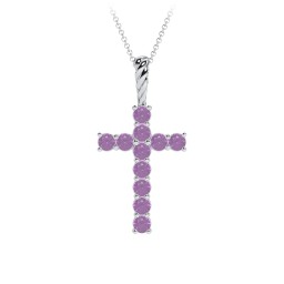 Classic Encrusted 2.5mm Round Cross Pendant in 925 Sterling Silver with Amethyst