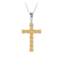 Classic Encrusted 2.5mm Round Cross Pendant in 925 Sterling Silver with Citrine