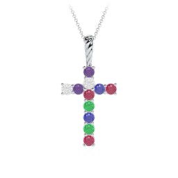 Classic Encrusted 2.5mm Round Cross Pendant in 925 Sterling Silver with Amethyst, Cubic Zirconia, Ruby, Emerald, and Blue Sapphire