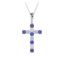 Classic Encrusted 2.5mm Round Cross Pendant in 925 Sterling Silver with Amethyst, Lavender Premium Zirconia, Blue Sapphire, and Blue Topaz