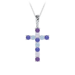 Classic Encrusted 2.5mm Round Cross Pendant – 10K Yellow Gold with Amethyst, Lavender Premium Zirconia, Blue Sapphire, and Blue Topaz