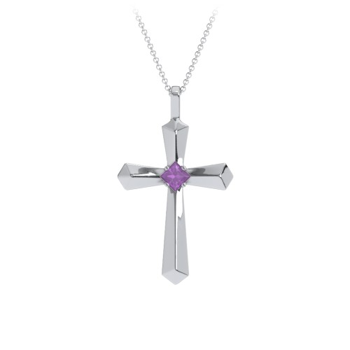 Flared Cross Pendant with Princess Stone – Sterling Silver with Amethyst
