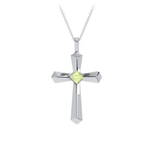 Flared Cross Pendant with Princess Stone – Sterling Silver with Peridot