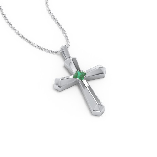 Flared Cross Pendant with Princess Stone – Sterling Silver with Emerald