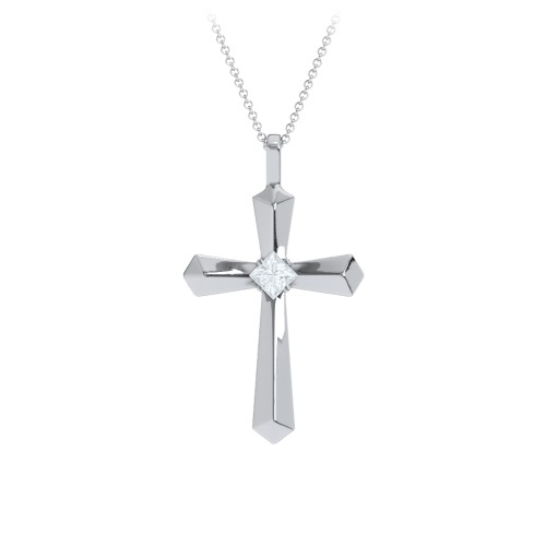 Flared Cross Pendant with Princess Stone – Sterling Silver with Aquamarine