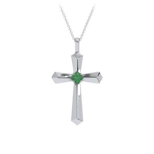 Flared Cross Pendant with Princess Stone – Sterling Silver with Emerald