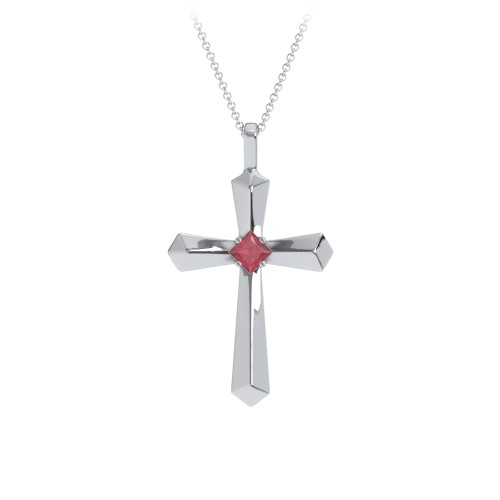 Flared Cross Pendant with Princess Stone – Sterling Silver with Ruby