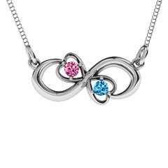 Two Hearts Infinity Pendant – 10K Yellow Gold with Pink Tourmaline and Blue Topaz