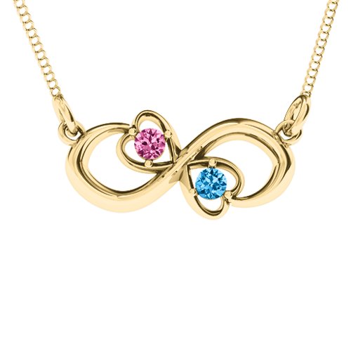 Two Hearts Infinity Pendant – 10K Yellow Gold with Pink Tourmaline and Blue Topaz