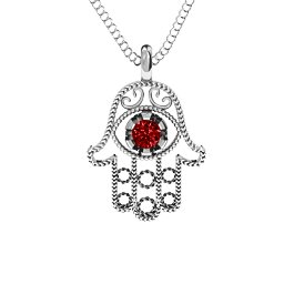 Hamsa Pendant in 925 Sterling Silver with Garnet