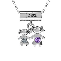 Sisters or Mother and Daughter Character Pendant in 925 Sterling Silver with Amethyst and Cubic Zirconia
