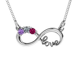 Three Stone Infinity Love Pendant in 925 Sterling Silver with Amethyst, Cubic Zirconia, and Ruby