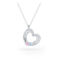 Engravable Filigree Heart Pendant with Birthstones – 18K Gold Plated Silver with Ruby