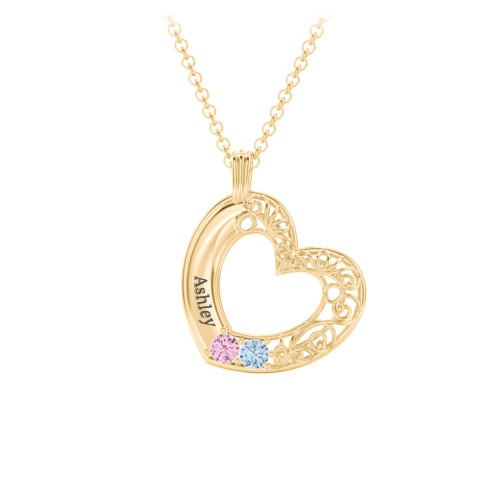Engravable Filigree Heart Pendant with Birthstones – 18K Gold Plated Silver with Pink Tourmaline and Blue Topaz