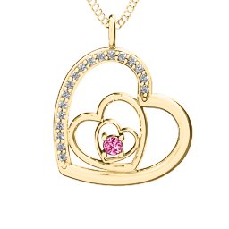 Hearts in Hearts Pendant in 10K Solid Yellow Gold with Pink Tourmaline and White Premium Zirconia