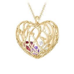 Organic Caged Hearts Pendant in 18K Gold Plated Silver with Amethyst, Cubic Zirconia, and Ruby