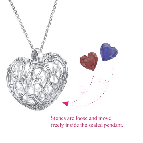 Organic Caged Hearts Pendant – Sterling Silver with Garnet and Blue Sapphire