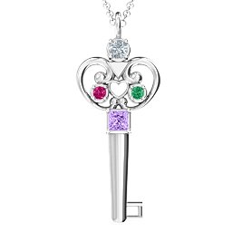 3–5 Stone Accented Key Pendant in 925 Sterling Silver with Amethyst, Cubic Zirconia, Ruby, and Emerald
