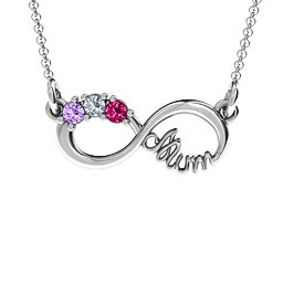 Mum's Infinity Pendant in 925 Sterling Silver with Amethyst, Cubic Zirconia, and Ruby