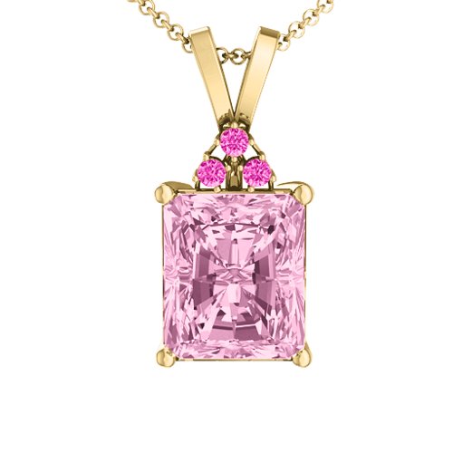 Emerald Cut Solitaire with Accents Pendant – 18K Gold Plated Silver with Fancy Pink Premium Zirconia and Pink Tourmaline